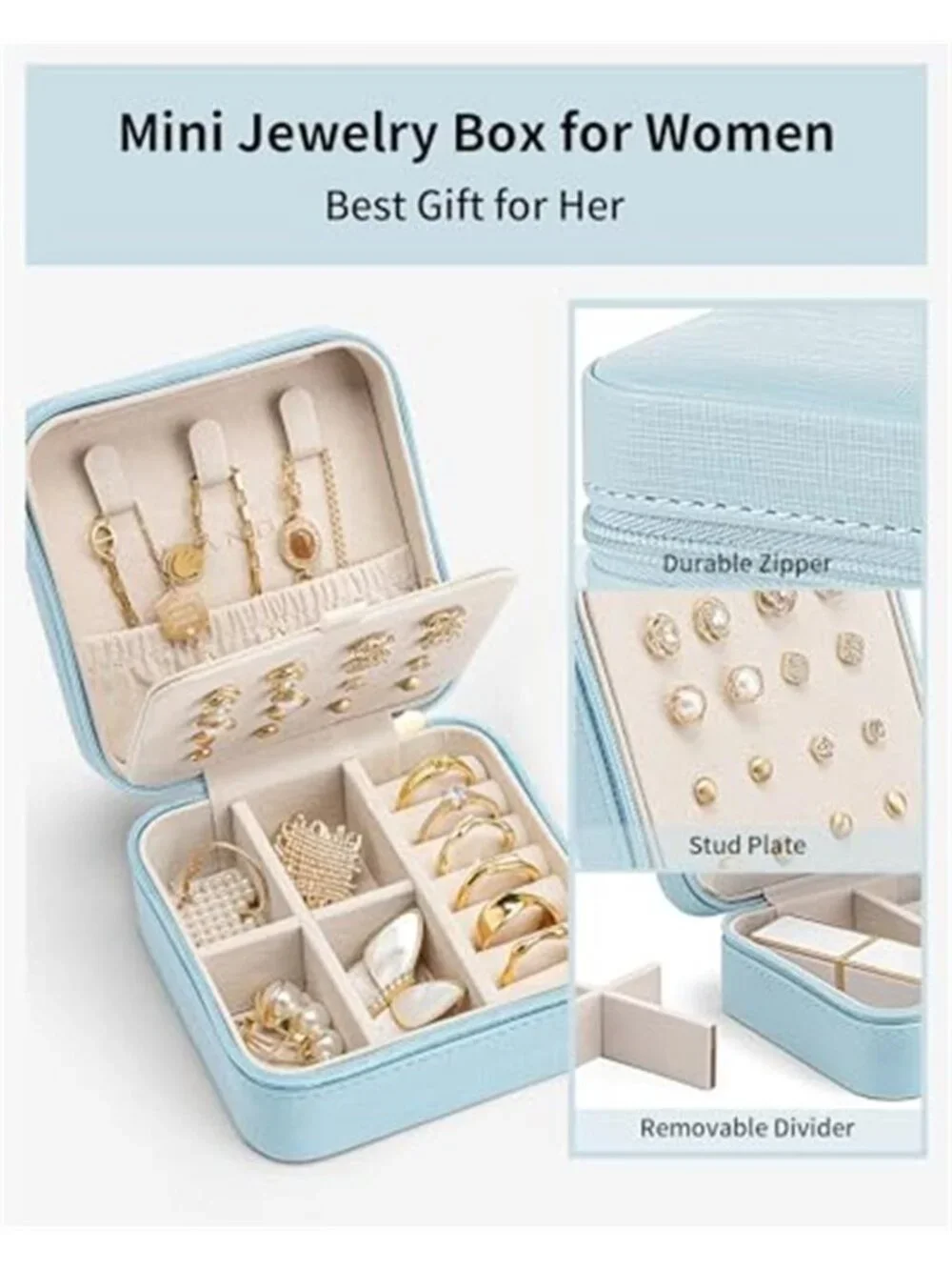 Small Travel Jewelry Box Case Organizer Blue Leather Earring Necklace Ring Gift